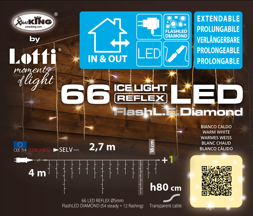 Cascata Luci 66 LED Icelight 2,70 mt x 80 cm Bianco Caldo